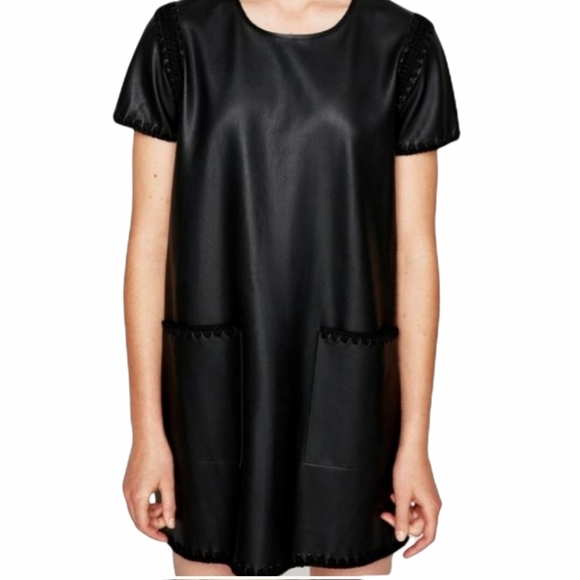 Zara Dresses & Skirts - ZARA Black Faux-Leather Contrast Knit Shift Short Dress